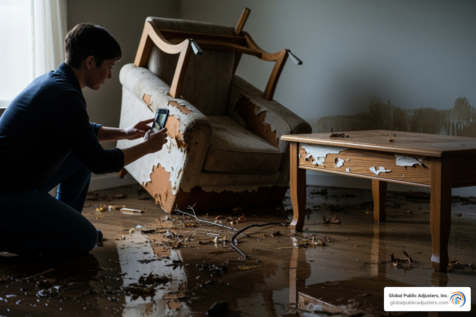 homeowner taking photos of water-damaged furniture with a smartphone - flood damage insurance claim hollywood fl