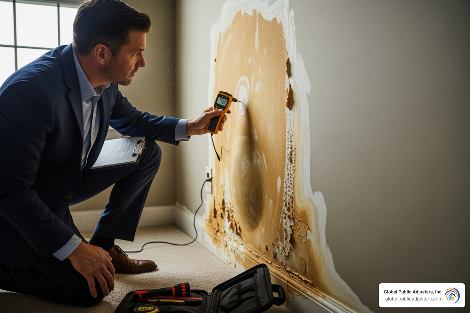 insurance adjuster inspecting a water-damaged wall - flood damage insurance claim hollywood fl