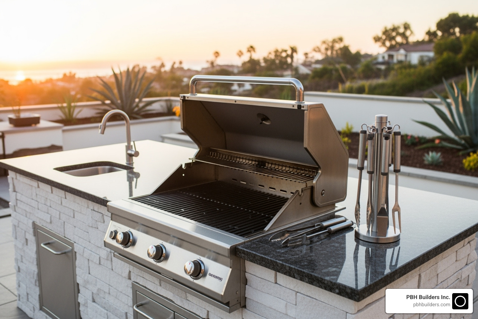 clean, well-maintained built-in BBQ island with grilling tools - Built-in BBQ San Diego
