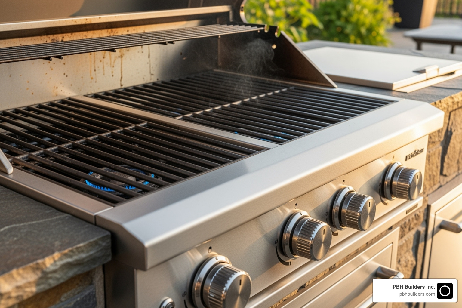 close-up on a high-quality stainless steel built-in grill head - Built-in BBQ San Diego