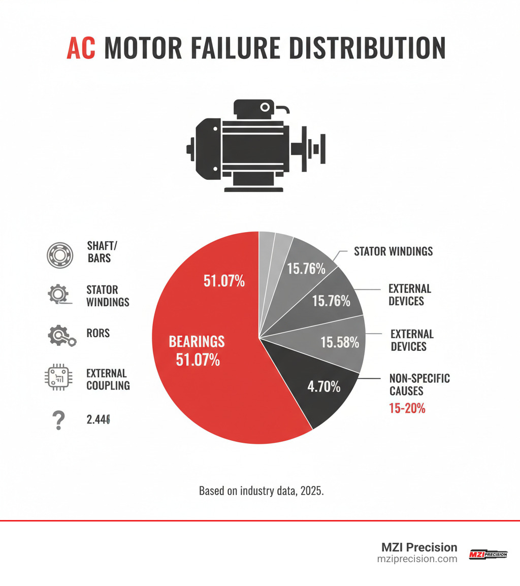 INFOGRAPHIC SHOWING DISTRIBUTION OF AC MOTOR FAILURES WITH BEARINGS AT 51.07%, STATOR WINDINGS AT 15.76%, ROTOR BARS AT 4.70%, SHAFT/COUPLING AT 2.44%, EXTERNAL DEVICES AT 15.58%, AND NON-SPECIFIC CAUSES AT 15-20% - AC MOTOR REPAIR INFOGRAPHIC 