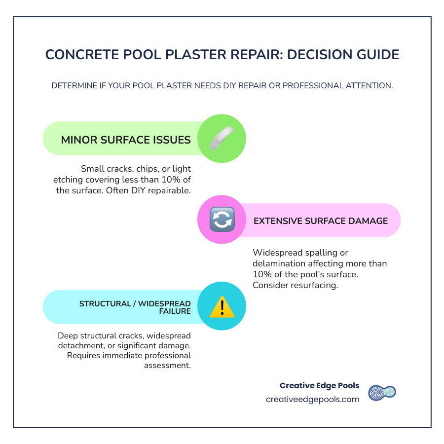 Infographic showing concrete pool plaster repair decision tree with visual indicators of minor damage suitable for DIY repair (small cracks, chips, light etching) versus major damage requiring professional help (extensive spalling, delamination, structural cracks, widespread staining) - concrete pool plaster repair infographic infographic-line-3-steps-colors Infographic showing concrete pool plaster repair decision tree with visual indicators of minor damage suitable for DIY repair (small cracks, chips, light etching) versus major damage requiring professional help (extensive spalling, delamination, structural cracks, widespread staining) - concrete pool plaster repair infographic infographic-line-3-steps-colors