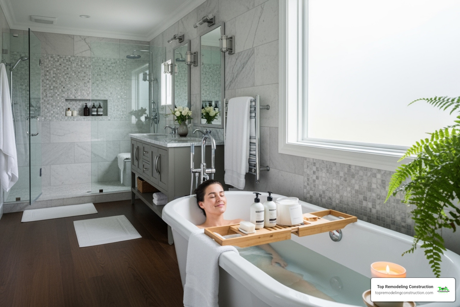 happy homeowner enjoying new bathroom - bathroom remodel premier happy homeowner enjoying new bathroom - bathroom remodel premier