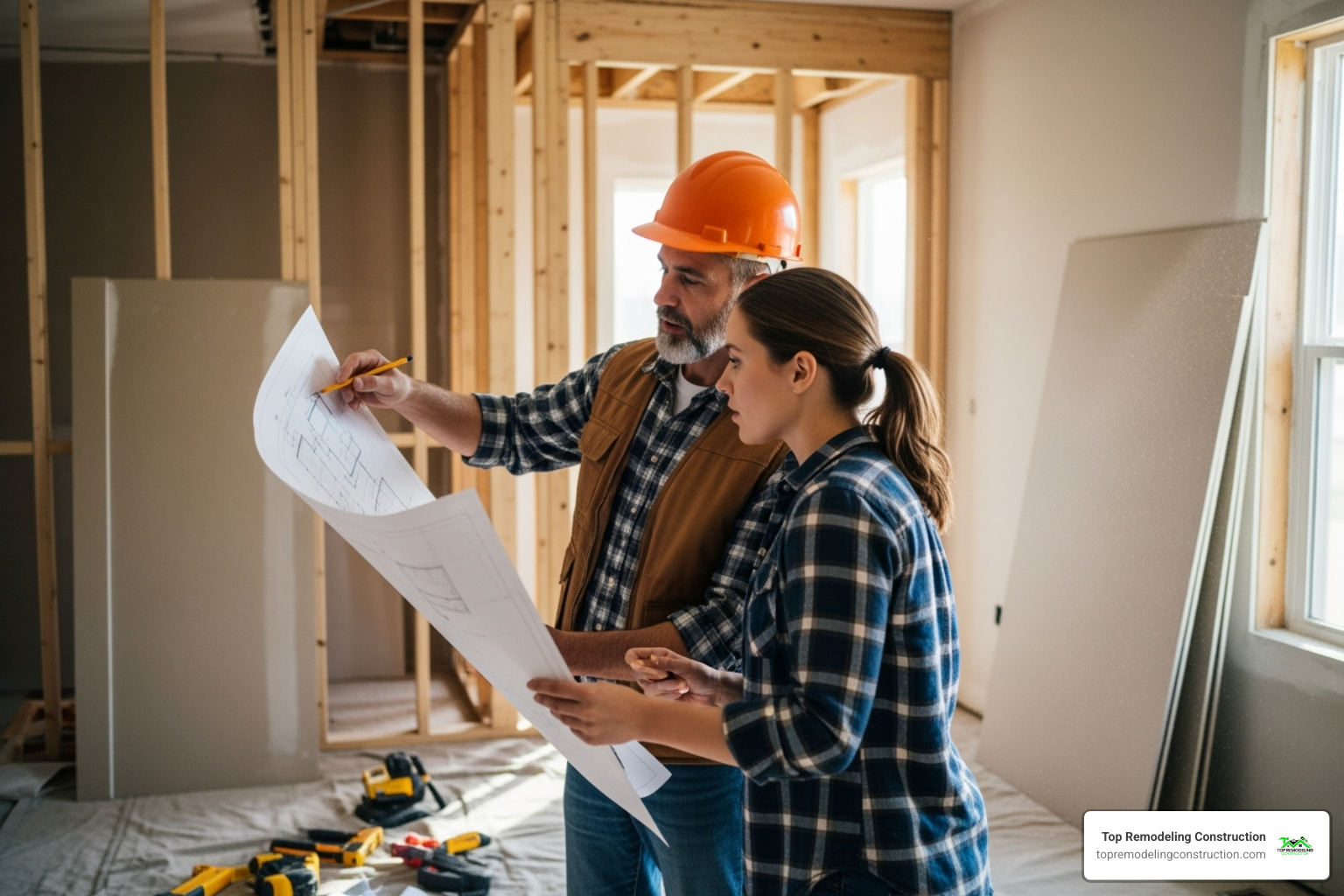 professional contractor reviewing blueprints with a homeowner - bathroom remodel premier professional contractor reviewing blueprints with a homeowner - bathroom remodel premier