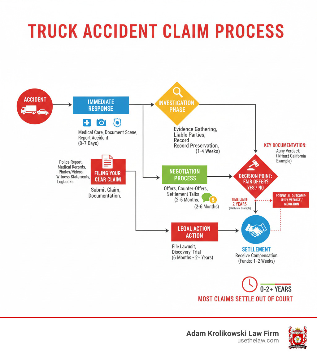 detailed flowchart showing the complete truck accident claim process from initial accident through final settlement, including key decision points, required documentation, typical timeframes, and potential outcomes at each stage - Truck accident claim process infographic detailed flowchart showing the complete truck accident claim process from initial accident through final settlement, including key decision points, required documentation, typical timeframes, and potential outcomes at each stage - Truck accident claim process infographic