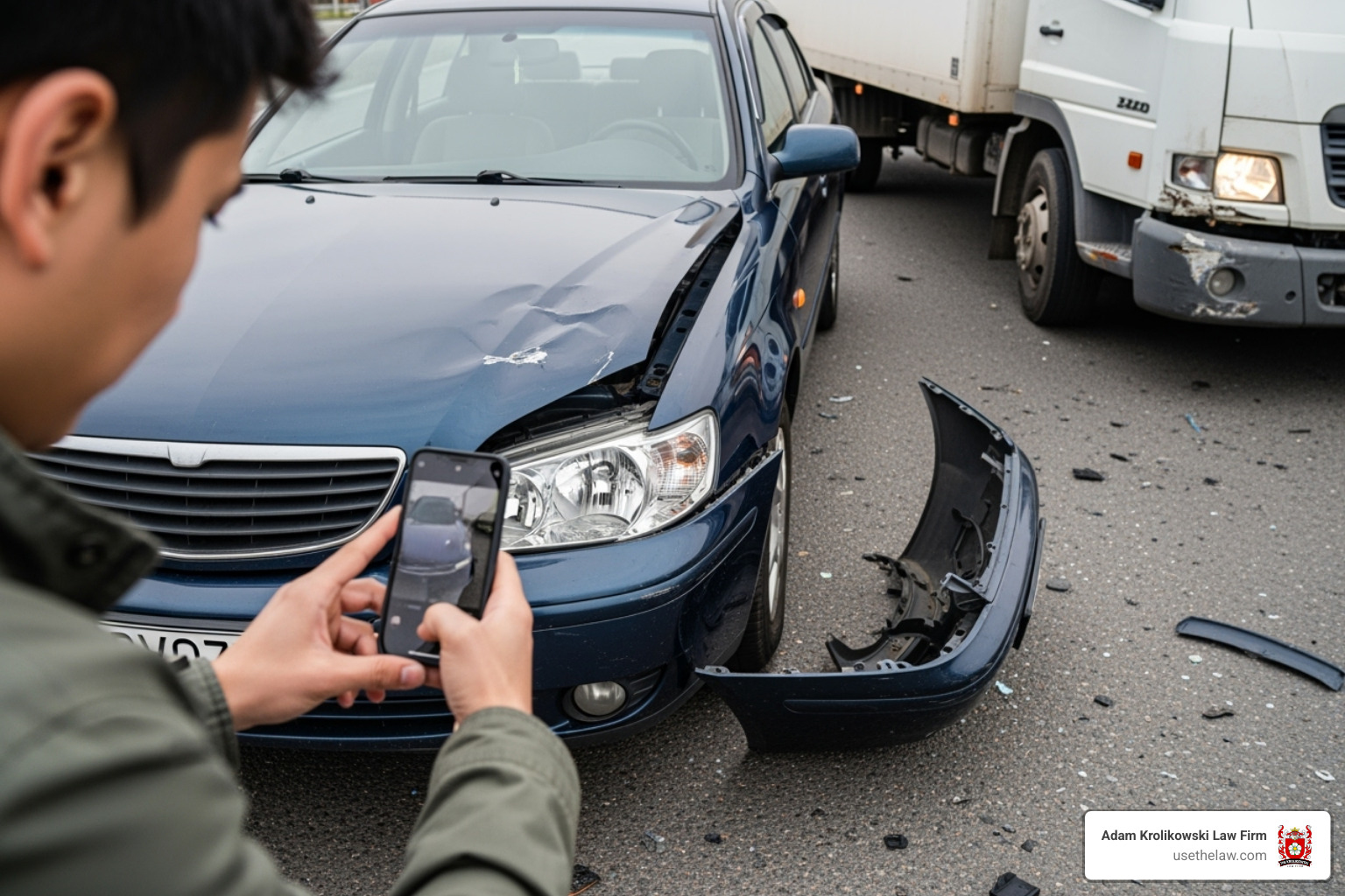 person taking photos of vehicle damage with a smartphone - Truck accident claim process person taking photos of vehicle damage with a smartphone - Truck accident claim process