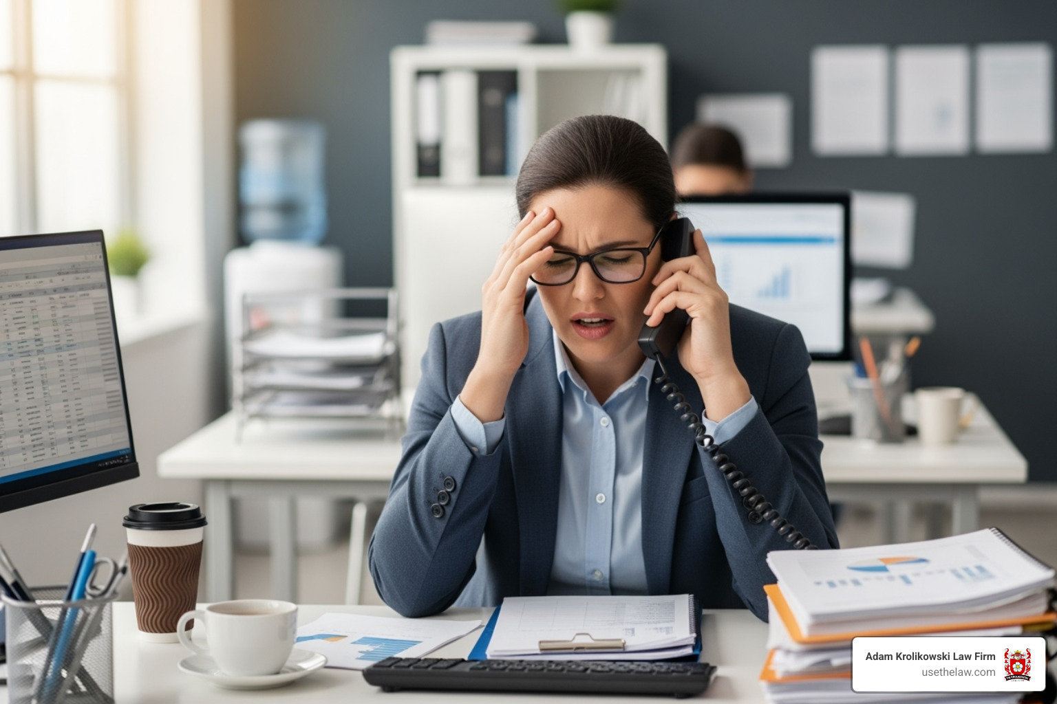 insurance adjuster on the phone looking stressed - Truck accident claim process insurance adjuster on the phone looking stressed - Truck accident claim process