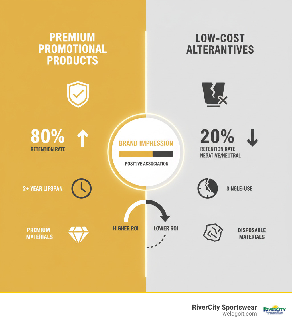 Infographic showing comparison between high-quality promotional products (80% retention rate, 2+ year lifespan, premium materials) versus low-cost alternatives (20% retention rate, single-use, disposable materials), with brand impression statistics and ROI calculations - high-quality promotional products for events infographic 