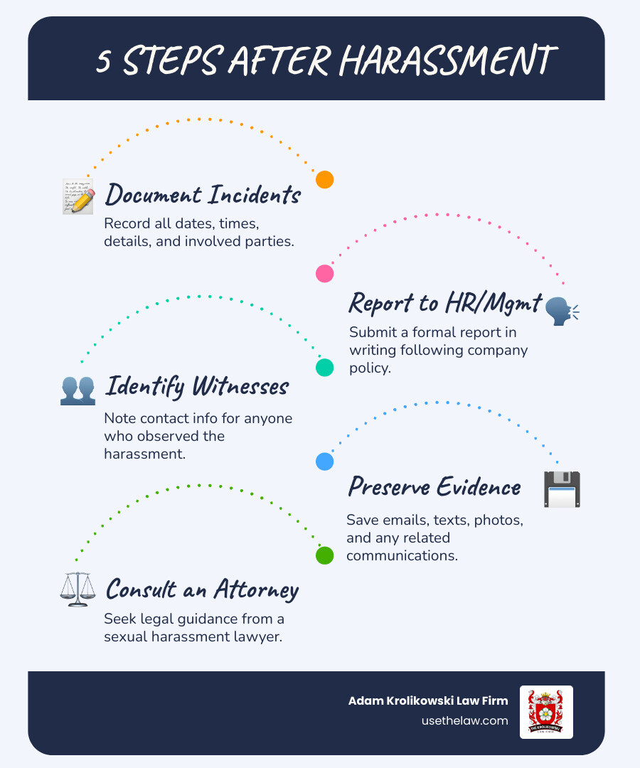 Infographic showing 5 initial steps after experiencing workplace sexual harassment: 1. Document all incidents with dates and details, 2. Report to HR or management in writing, 3. Identify and contact potential witnesses, 4. Preserve all evidence including emails and texts, 5. Consult with a sexual harassment attorney - sexual harassment lawyer Orange County infographic infographic-line-5-steps-blues-accent_colors Infographic showing 5 initial steps after experiencing workplace sexual harassment: 1. Document all incidents with dates and details, 2. Report to HR or management in writing, 3. Identify and contact potential witnesses, 4. Preserve all evidence including emails and texts, 5. Consult with a sexual harassment attorney - sexual harassment lawyer Orange County infographic infographic-line-5-steps-blues-accent_colors
