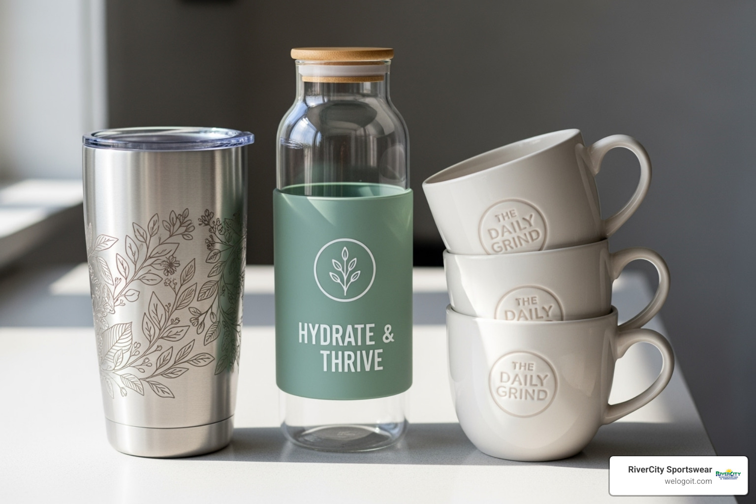 engraved stainless steel tumbler, a custom glass water bottle, and a set of branded coffee mugs - high-quality promotional products for events