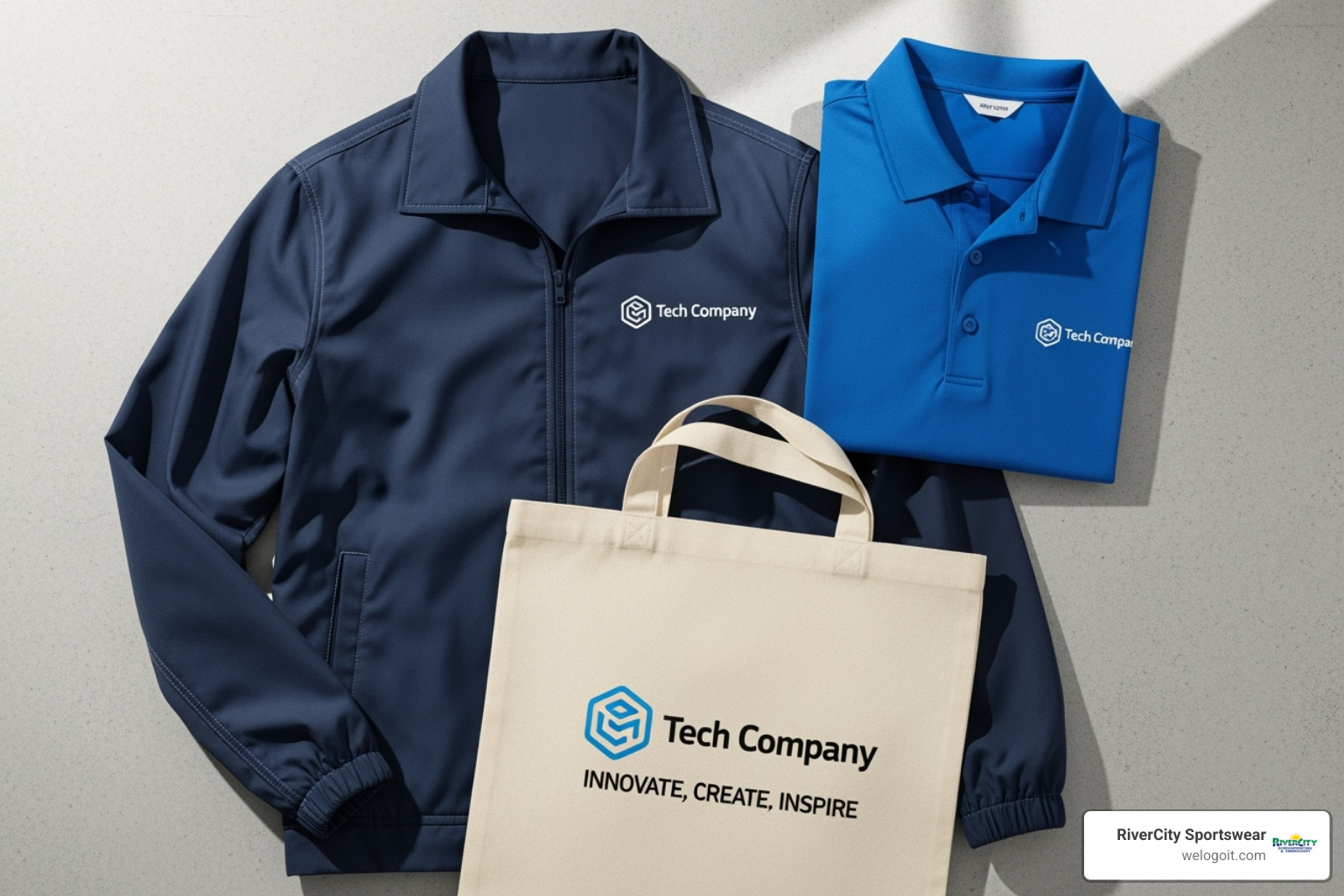 embroidered jacket, a performance polo shirt, and a stylish canvas tote bag - high-quality promotional products for events