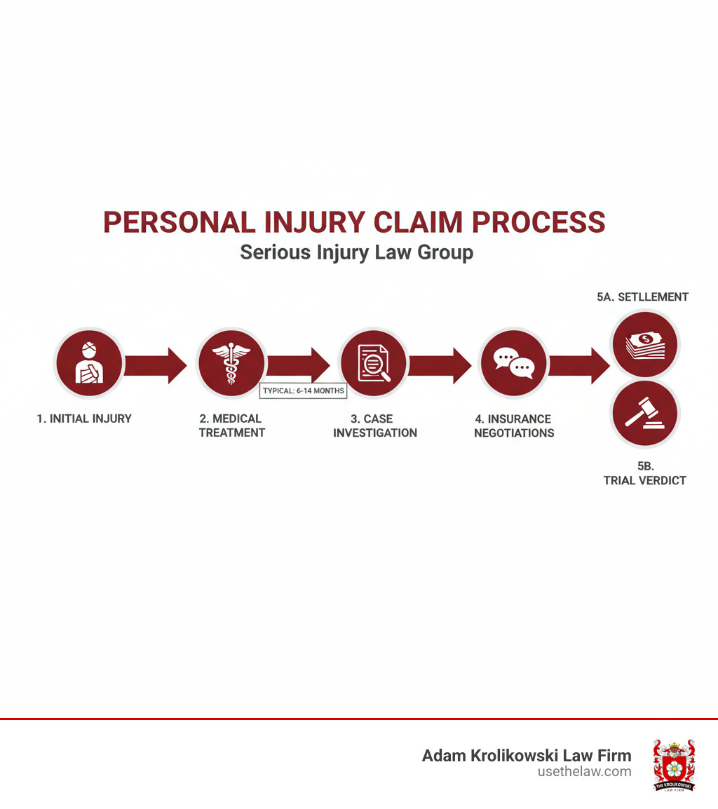 Infographic showing the personal injury claim process from initial injury through medical treatment, case investigation, insurance negotiations, and final settlement or trial verdict with typical timeframes of 6-14 months - Serious injury law group infographic Infographic showing the personal injury claim process from initial injury through medical treatment, case investigation, insurance negotiations, and final settlement or trial verdict with typical timeframes of 6-14 months - Serious injury law group infographic