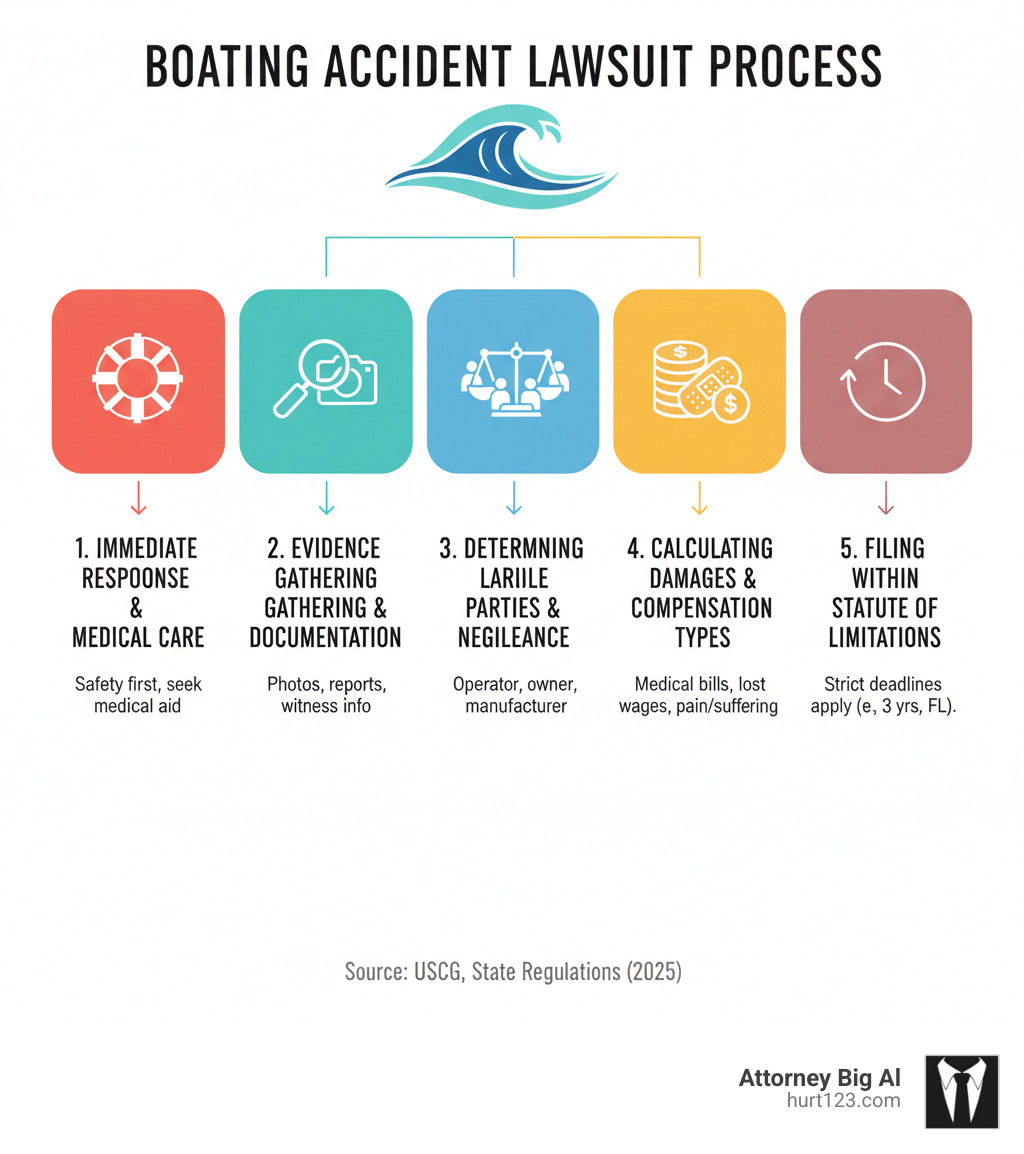 Comprehensive breakdown of boating accident lawsuit process showing the 5 main steps: immediate response and medical care, evidence gathering and documentation, determining liable parties and negligence, calculating damages and compensation types, and filing within statute of limitations deadlines - boating accident lawsuit infographic Comprehensive breakdown of boating accident lawsuit process showing the 5 main steps: immediate response and medical care, evidence gathering and documentation, determining liable parties and negligence, calculating damages and compensation types, and filing within statute of limitations deadlines - boating accident lawsuit infographic