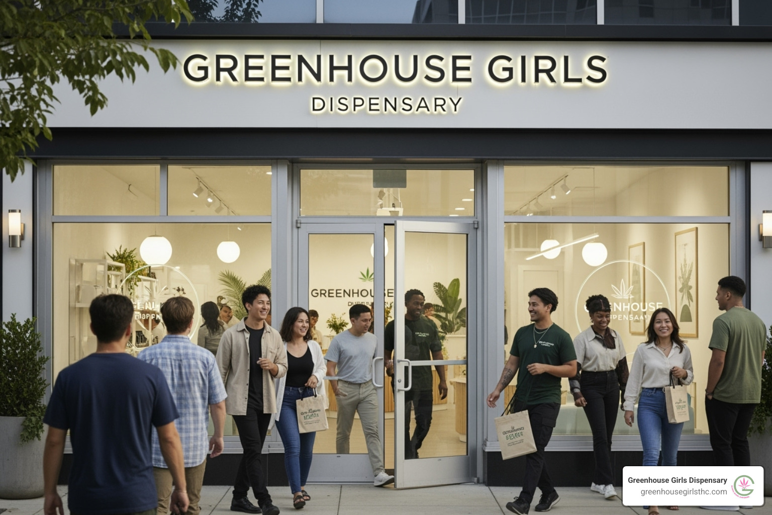 Greenhouse Girls Dispensary storefront with happy customers - is live resin thc or thca