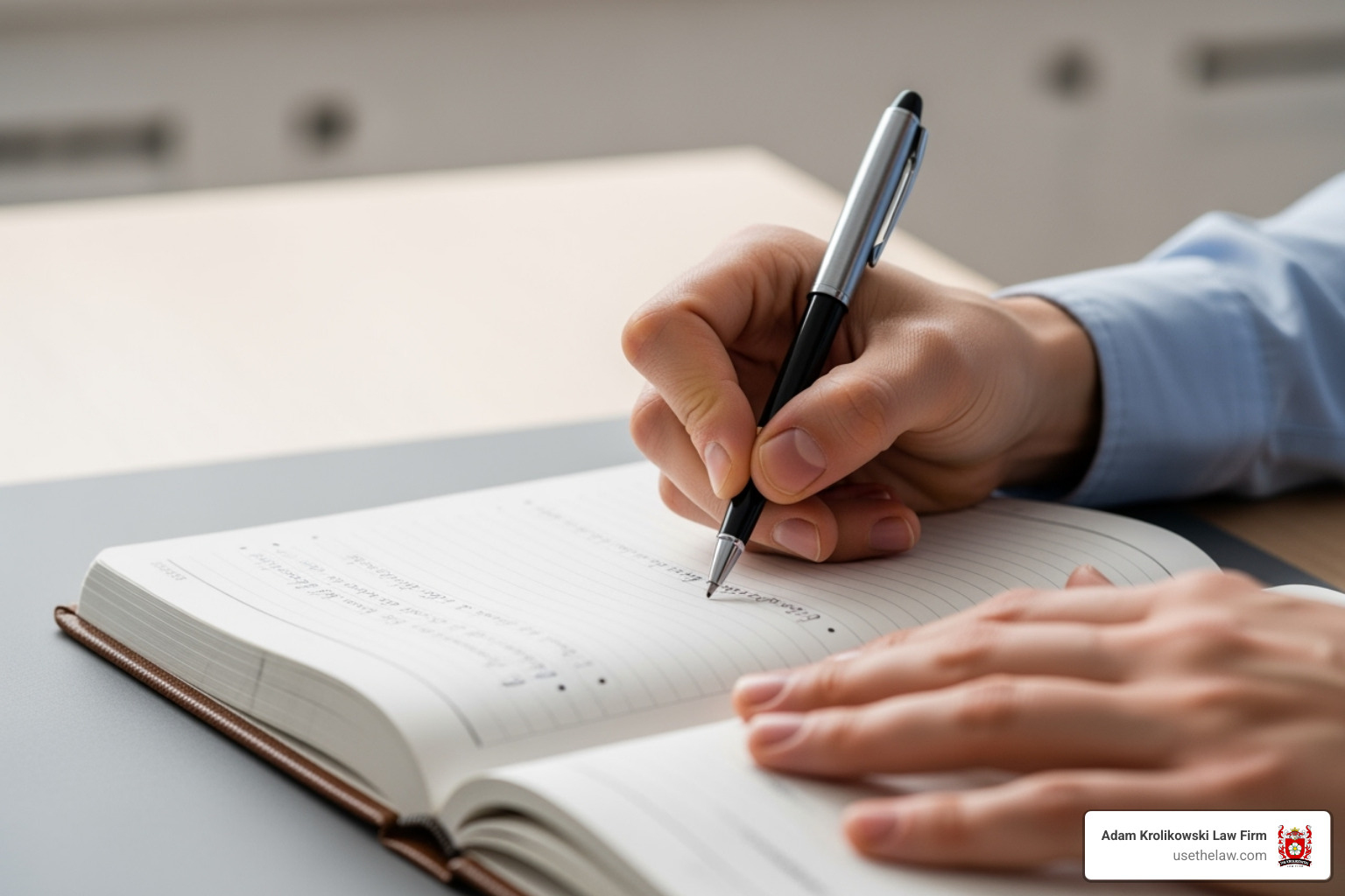 Image of a person writing in a journal to represent documenting incidents of sexual harassment - sexual harassment attorney California Image of a person writing in a journal to represent documenting incidents of sexual harassment - sexual harassment attorney California