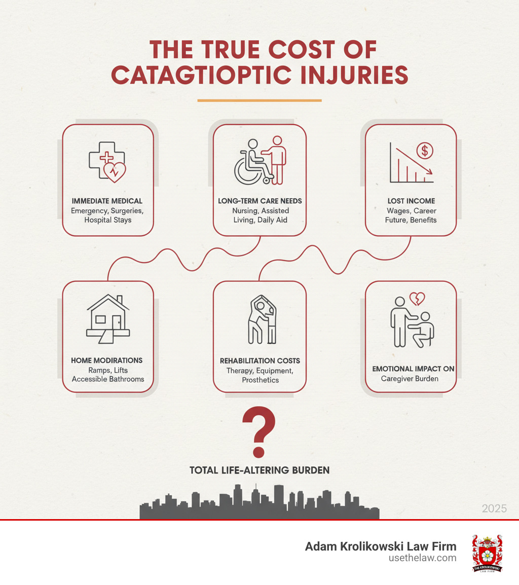 Infographic showing the comprehensive costs of catastrophic injuries including immediate medical expenses, long-term care needs, lost income potential, home modifications, rehabilitation costs, and emotional impact on families - Catastrophic Injury Lawyer in Santa Ana infographic 