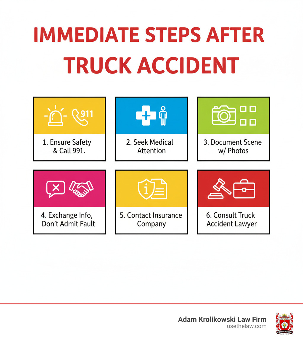 Infographic showing immediate steps after truck accident: 1. Ensure safety and call 911, 2. Seek medical attention, 3. Document the scene with photos, 4. Exchange information but don't admit fault, 5. Contact insurance company, 6. Consult with a truck accident lawyer - Injured in truck accident infographic Infographic showing immediate steps after truck accident: 1. Ensure safety and call 911, 2. Seek medical attention, 3. Document the scene with photos, 4. Exchange information but don't admit fault, 5. Contact insurance company, 6. Consult with a truck accident lawyer - Injured in truck accident infographic
