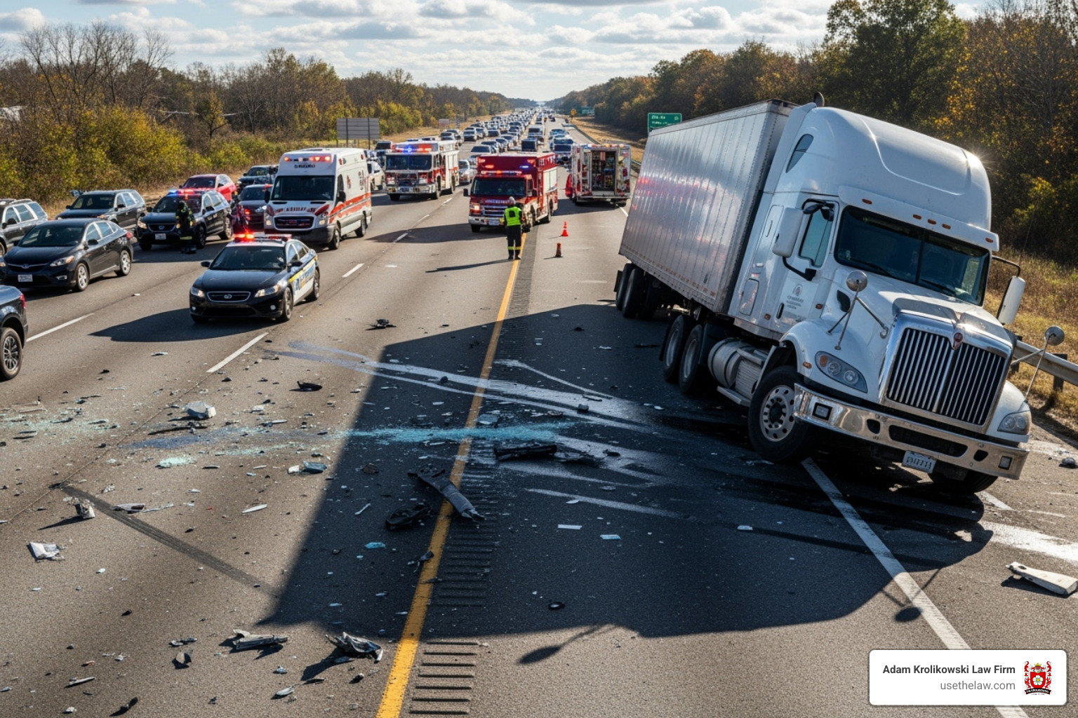 A jackknifed semi-truck blocking a highway - Injured in truck accident A jackknifed semi-truck blocking a highway - Injured in truck accident