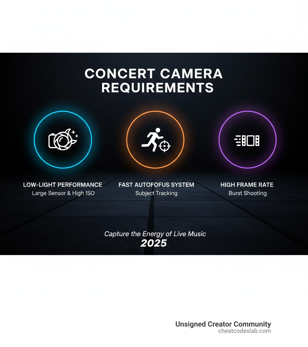 Concert Camera Requirements: Low-Light Performance with large sensor size and high ISO capability, Fast Autofocus System with subject tracking and reliable focus acquisition, High Frame Rate with burst shooting and buffer capacity for continuous action - Best camera for concerts infographic Concert Camera Requirements: Low-Light Performance with large sensor size and high ISO capability, Fast Autofocus System with subject tracking and reliable focus acquisition, High Frame Rate with burst shooting and buffer capacity for continuous action - Best camera for concerts infographic