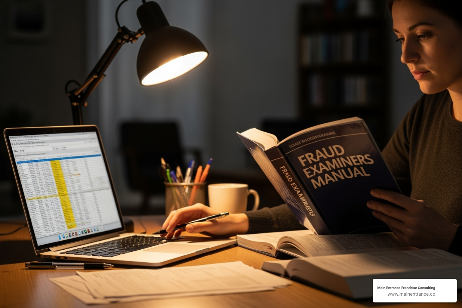 Person studying at a desk with the Fraud Examiners Manual and a laptop - cfe certification