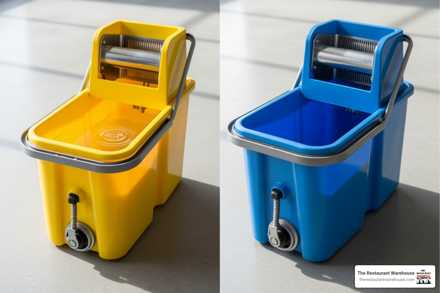 side-by-side comparison of a side-press and a down-press wringer mechanism - commercial mop buckets