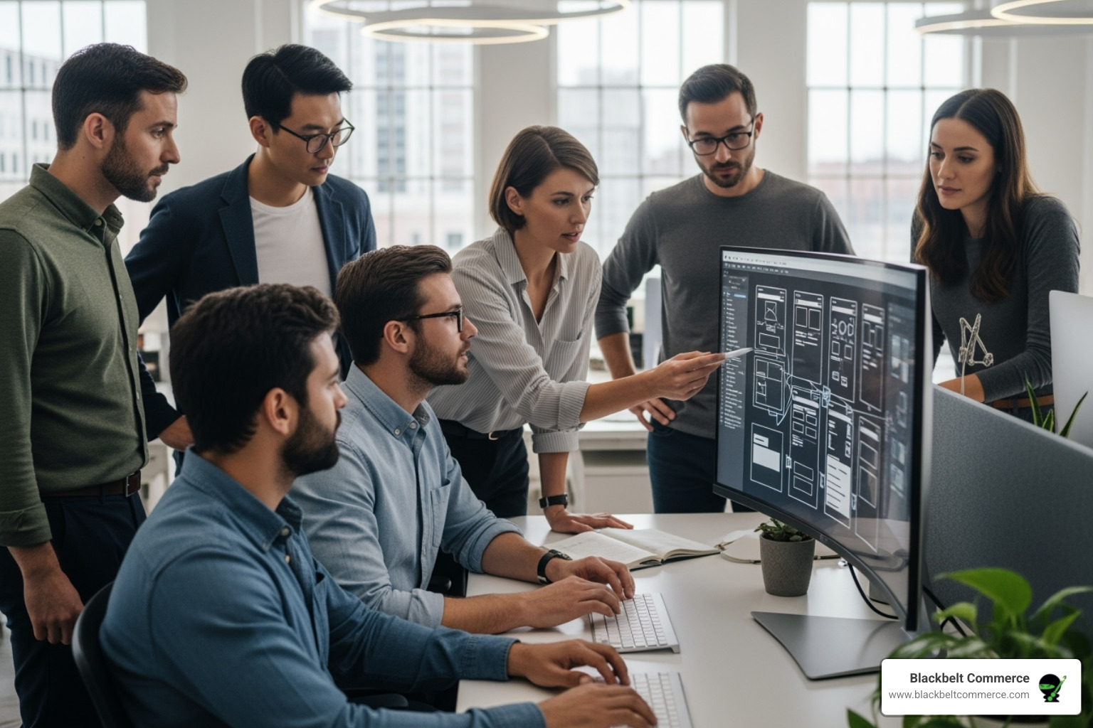 diverse team collaborating around a screen showing wireframes - nyc custom web design