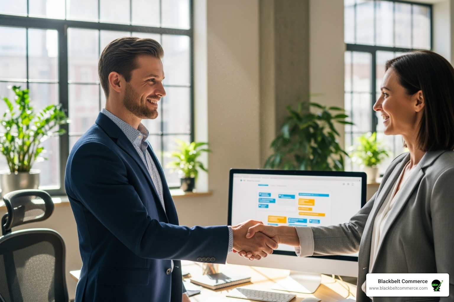 client shaking hands with a web designer in a modern office - nyc custom web design