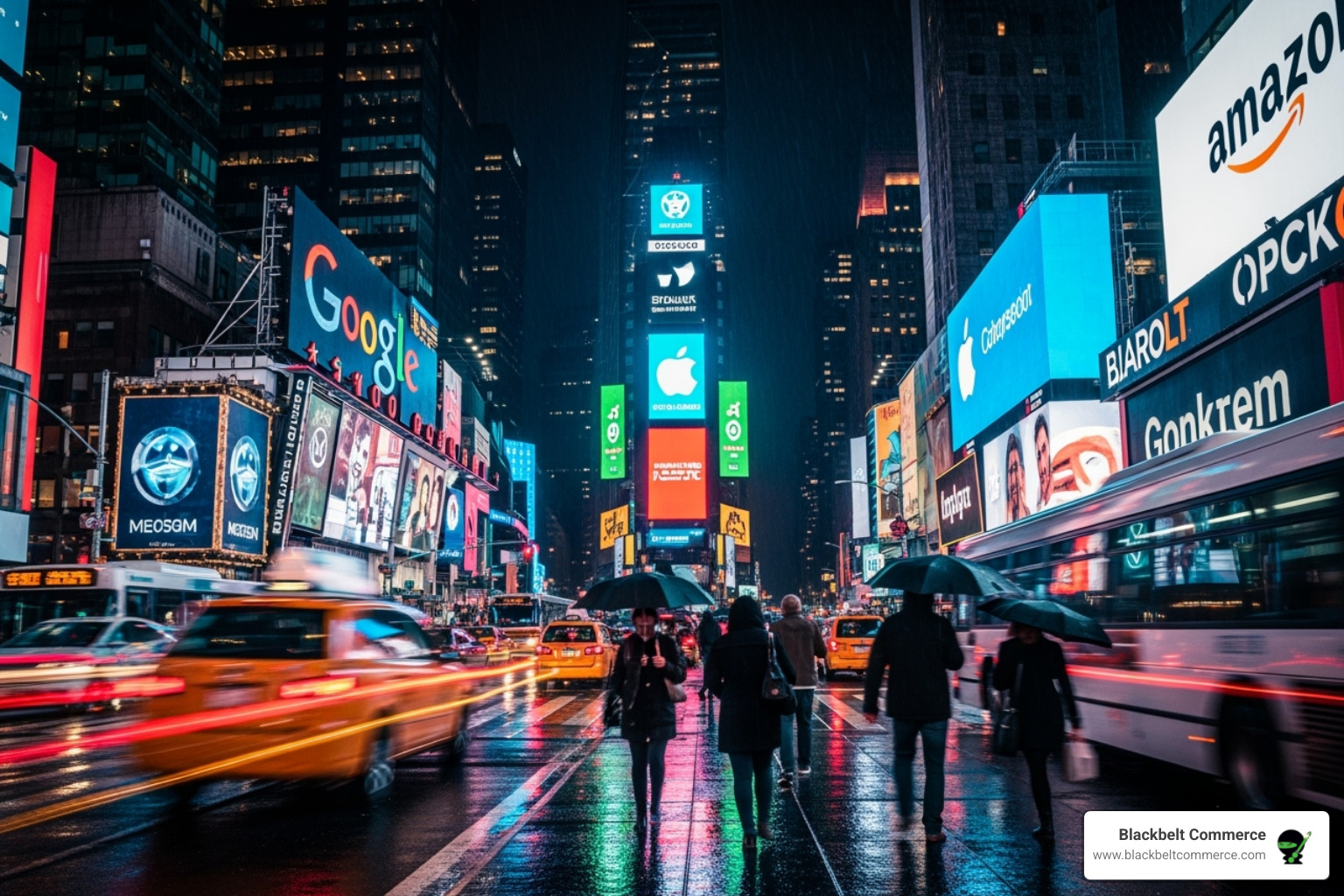 busy NYC street with digital brand logos glowing - nyc custom web design