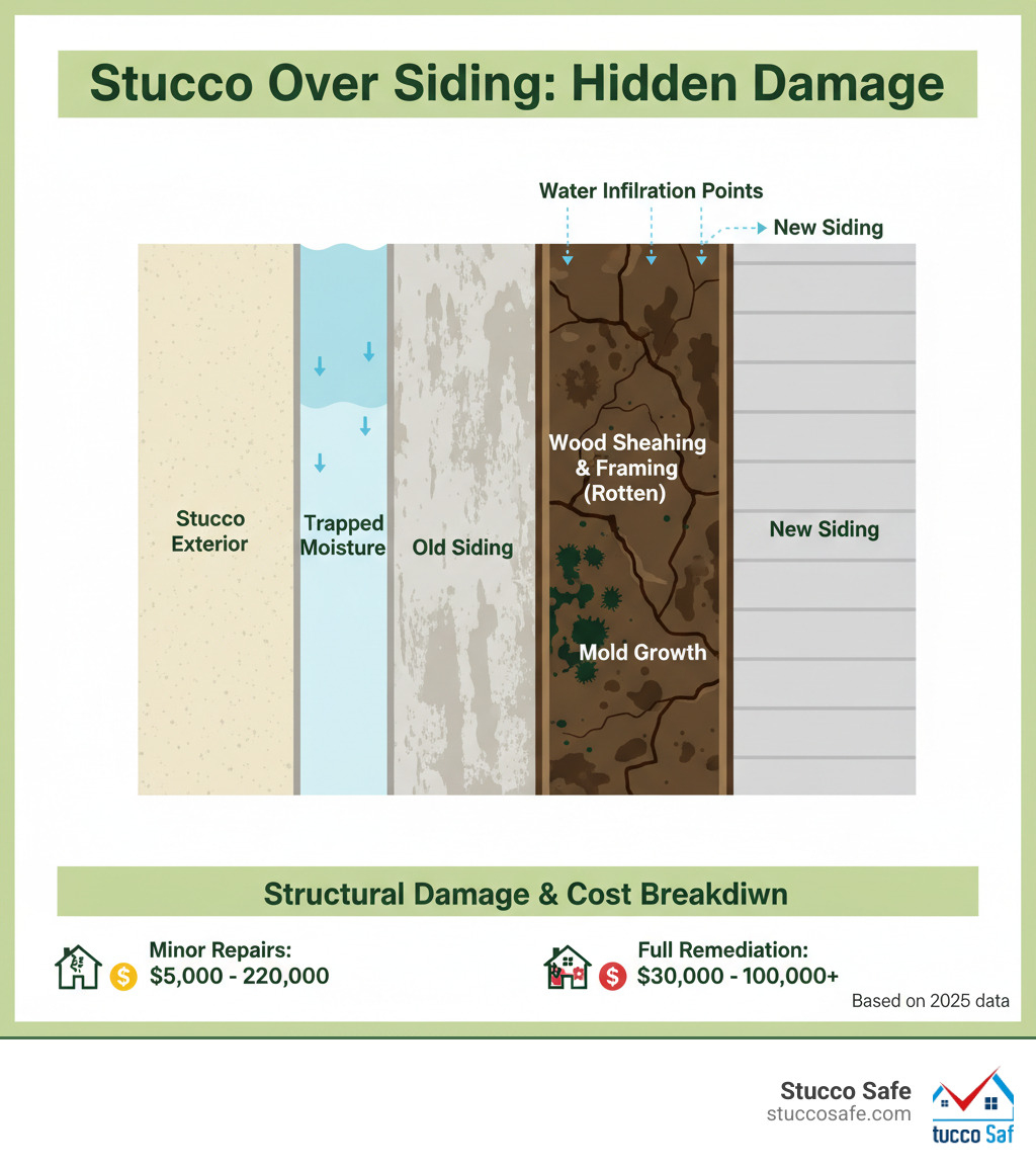 Detailed infographic showing cross-section of home wall with stucco layer, then siding installed over it, highlighting moisture infiltration points, trapped water between layers, resulting wood rot in sheathing, mold growth, and structural damage with cost breakdown from minor repairs to full remediation - stucco over siding problems infographic 