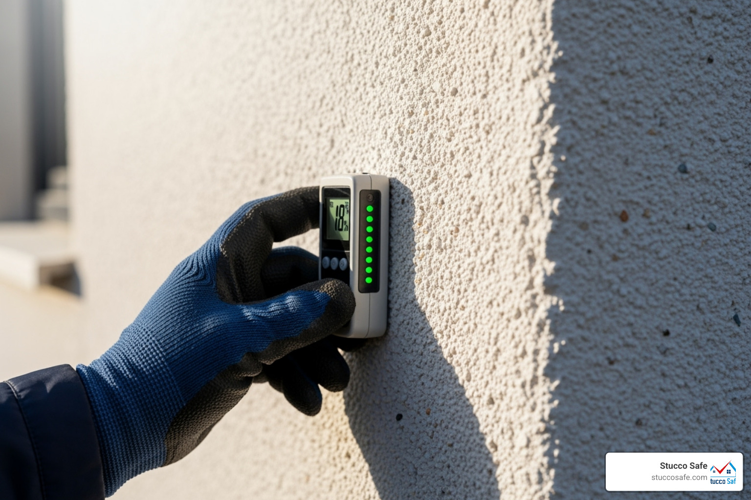 Inspector using a moisture meter on a stucco wall - stucco over siding problems