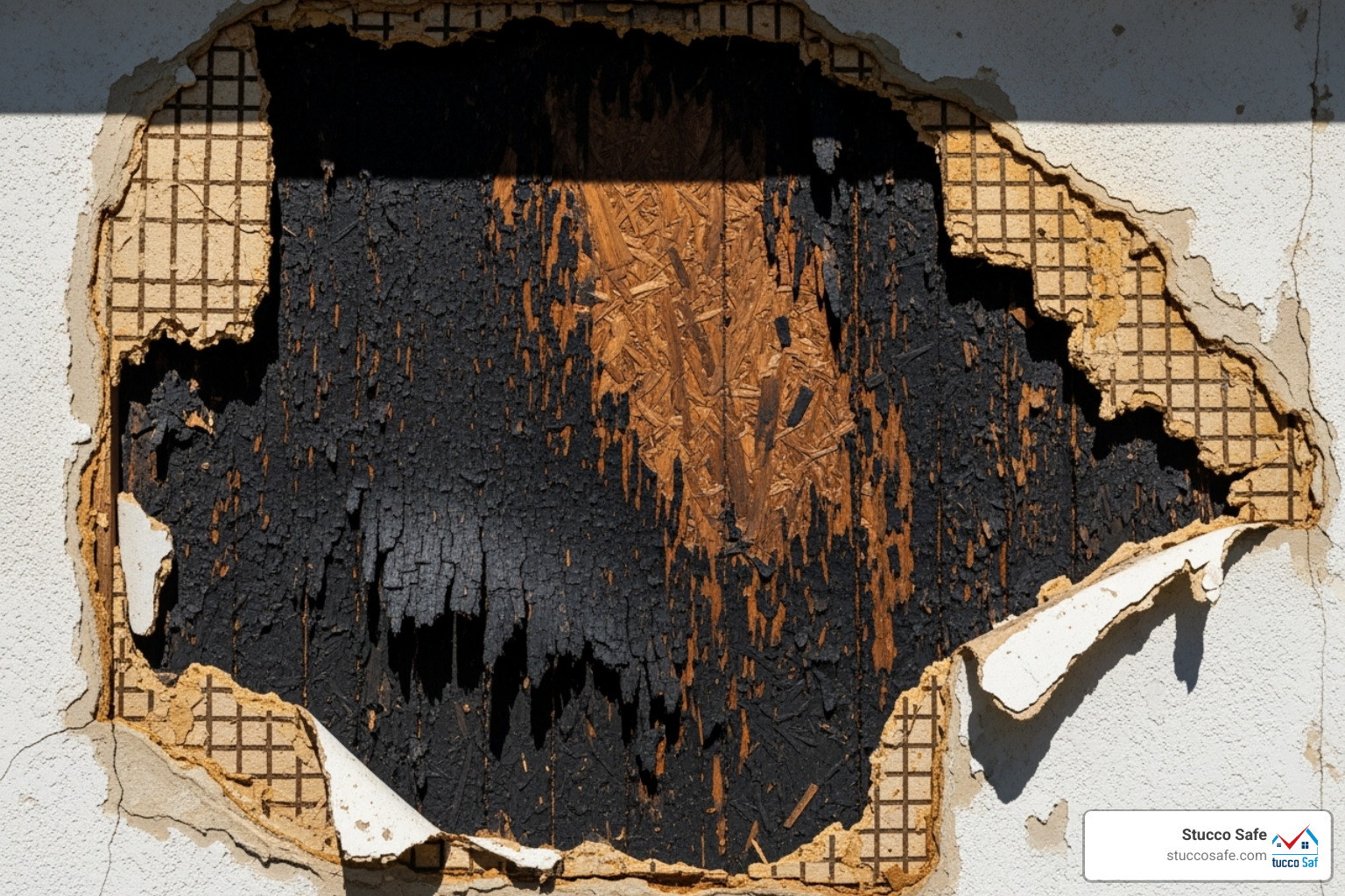 Rotted, black OSB sheathing exposed after siding and stucco were removed - stucco over siding problems