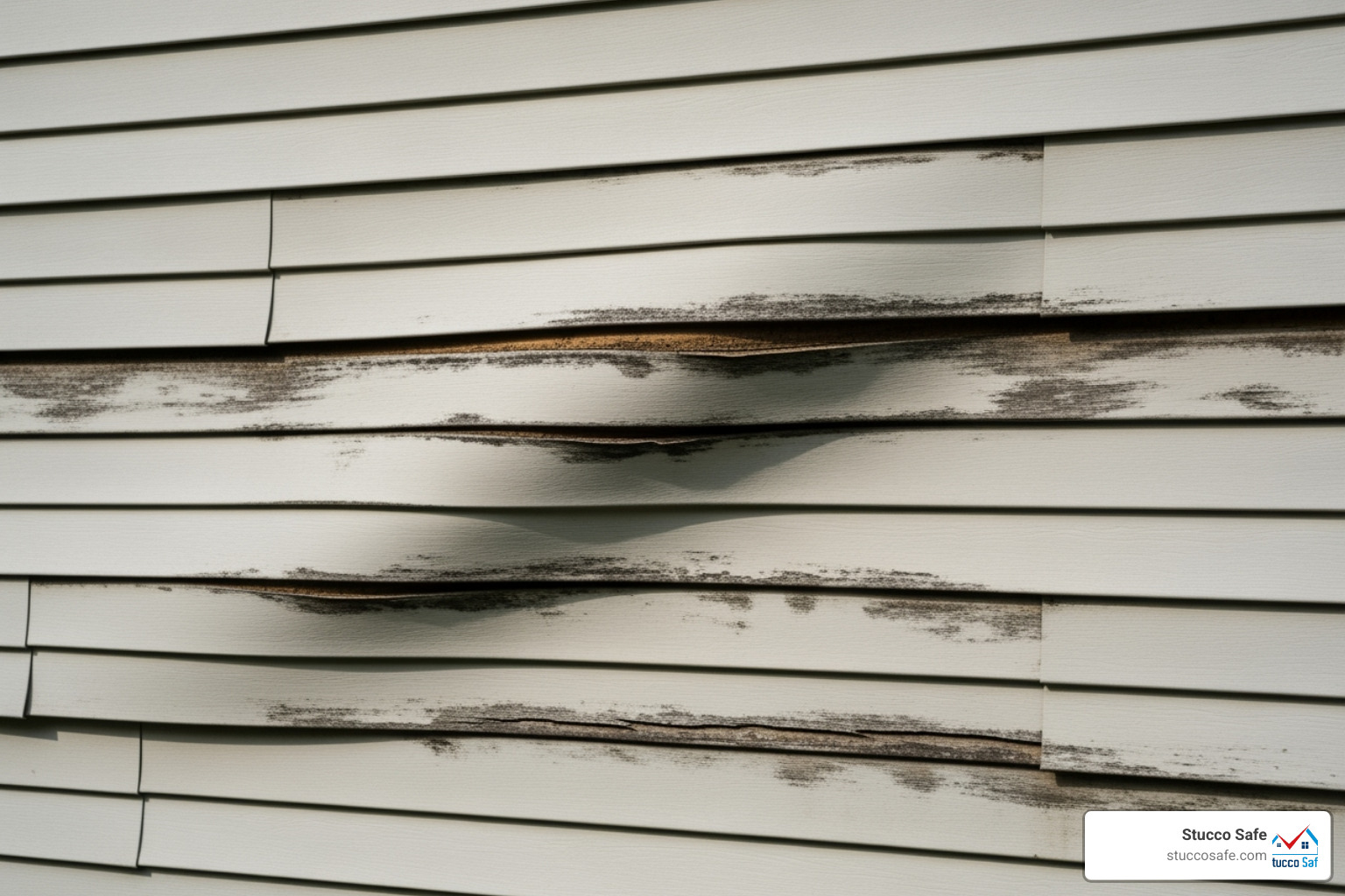 Wall with bulging siding due to underlying stucco delamination - stucco over siding problems