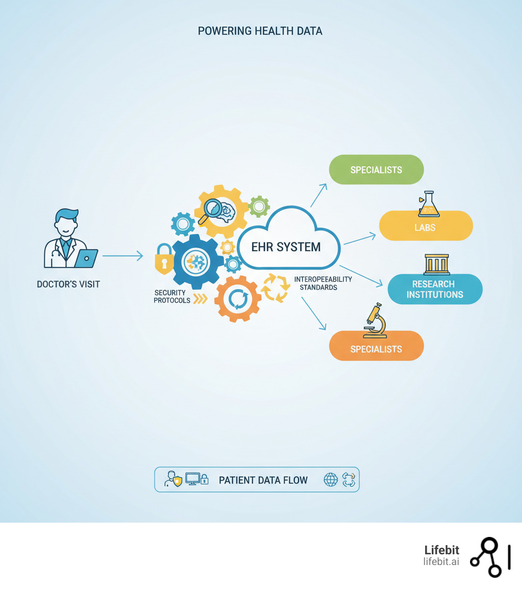 Infographic showing the flow of patient data from doctor's visit through EHR system to various stakeholders including specialists, labs, and research institutions, with security protocols and interoperability standards highlighted - electronic medical record systems infographic 