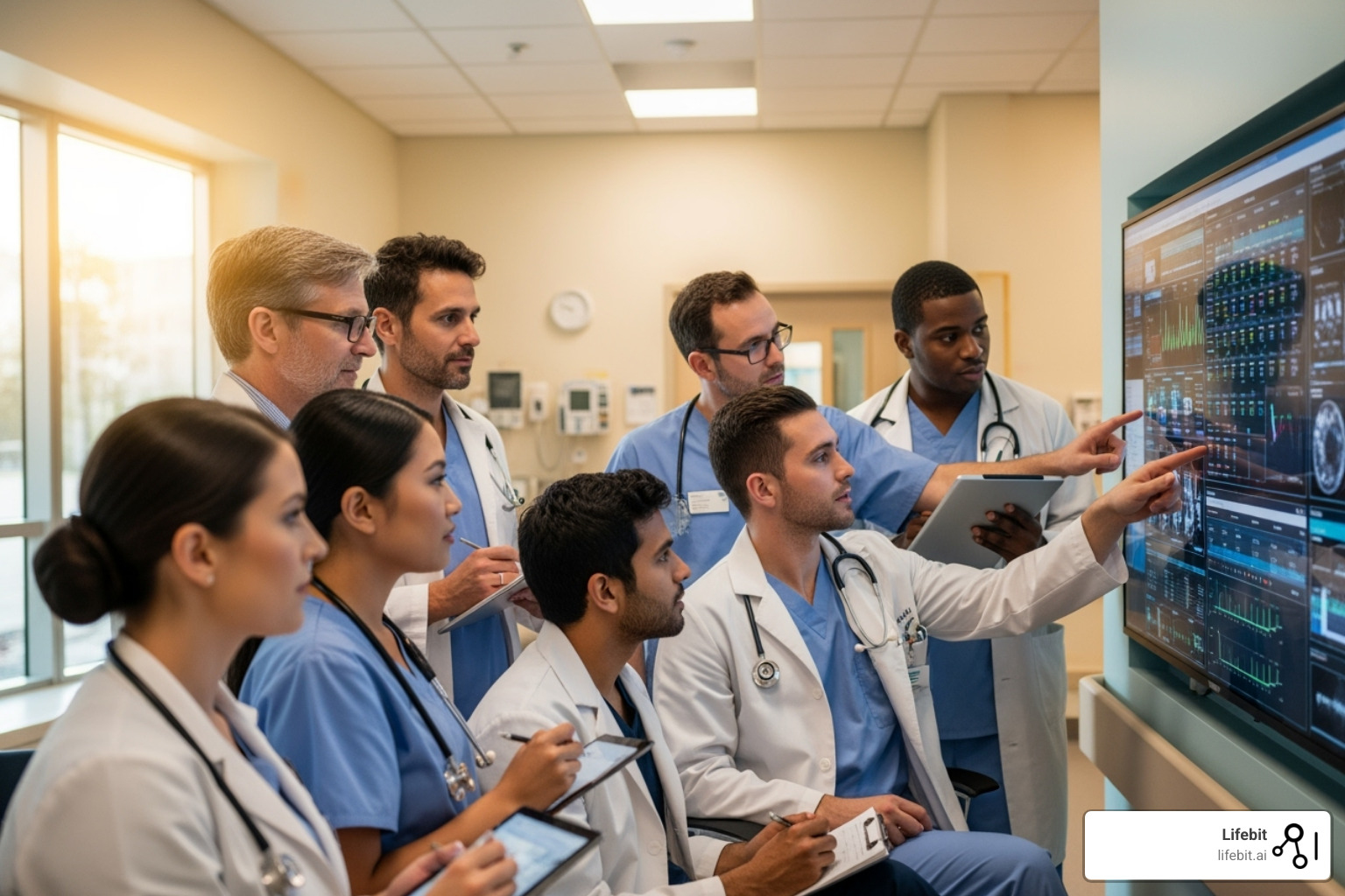 Healthcare team collaborating on screen - electronic medical record systems
