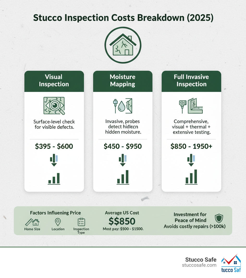 Infographic detailing the cost breakdown for different types of stucco inspections, including visual, moisture mapping, and full invasive, with average ranges and factors influencing price. - certified stucco inspections infographic 