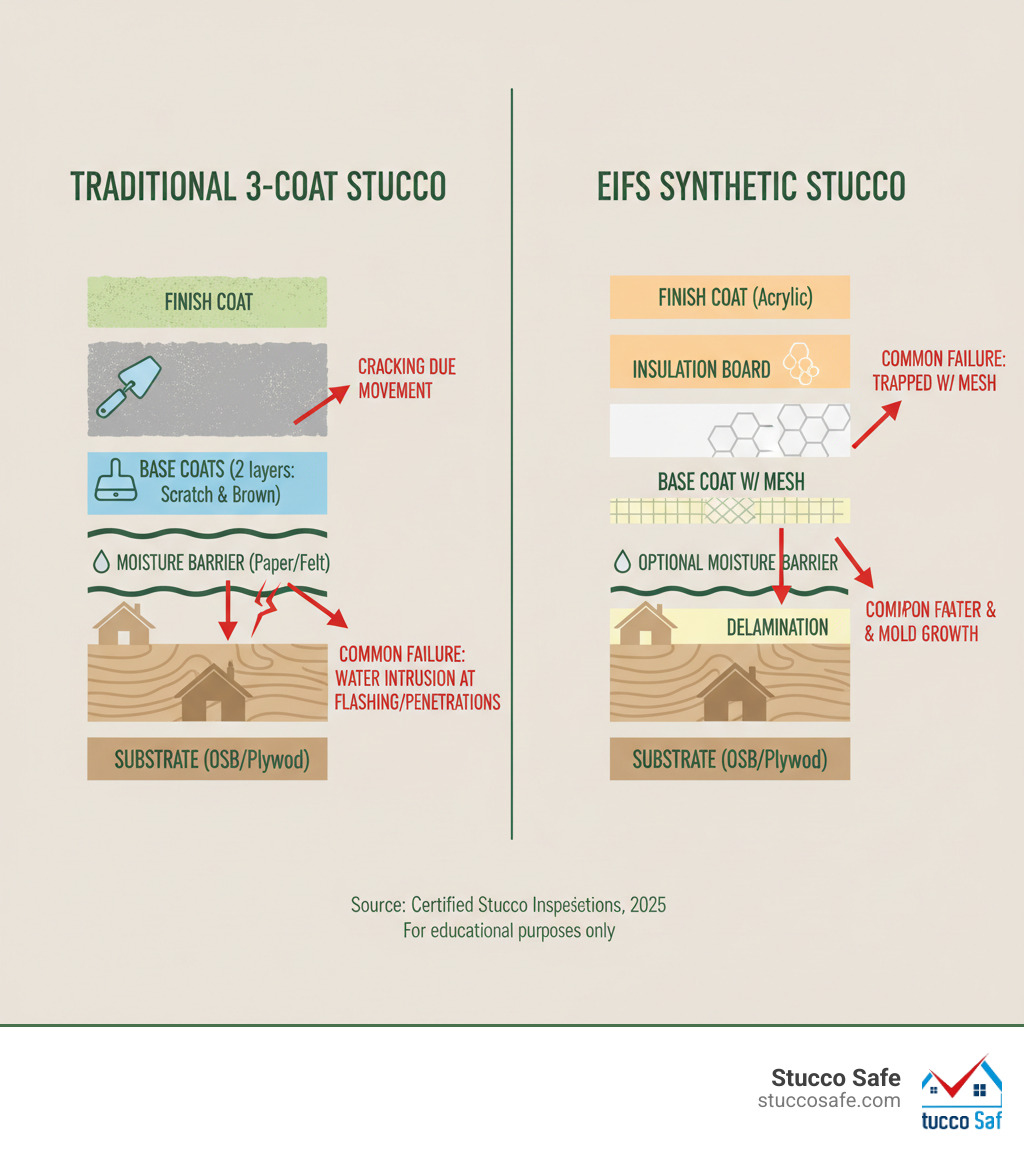 Detailed infographic showing the layers of traditional three-coat stucco system versus EIFS synthetic stucco system, including moisture barriers, substrates, and finish coats with common failure points highlighted - certified stucco inspections infographic 
