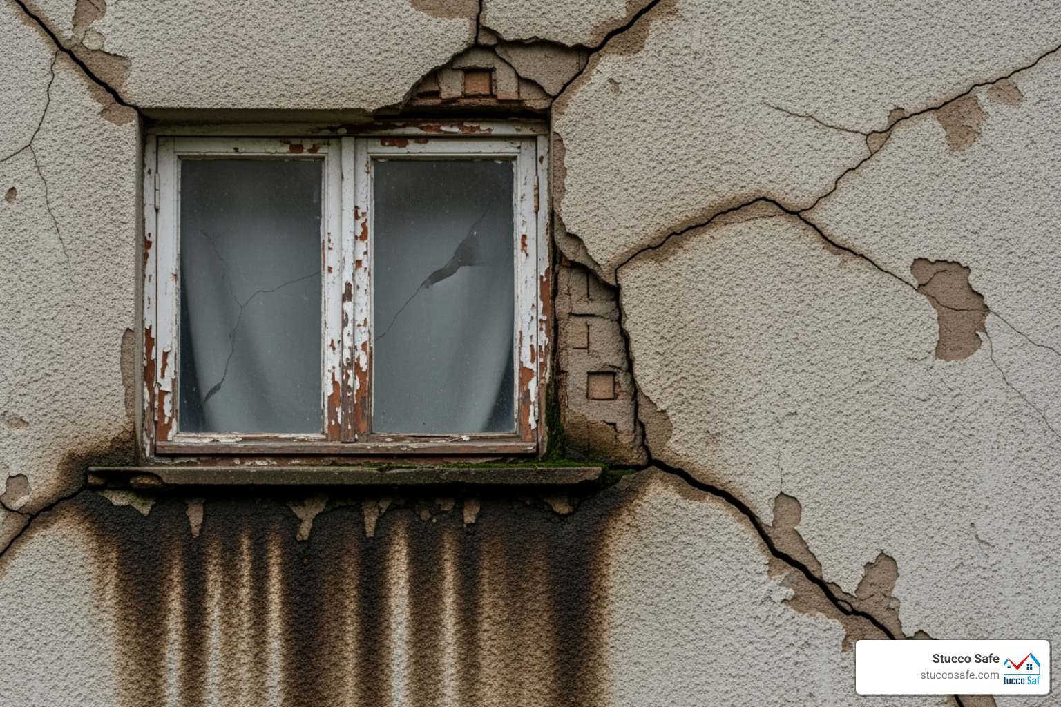 Visible water staining and cracking around a window on a stucco wall, indicating severe moisture intrusion. - certified stucco inspections