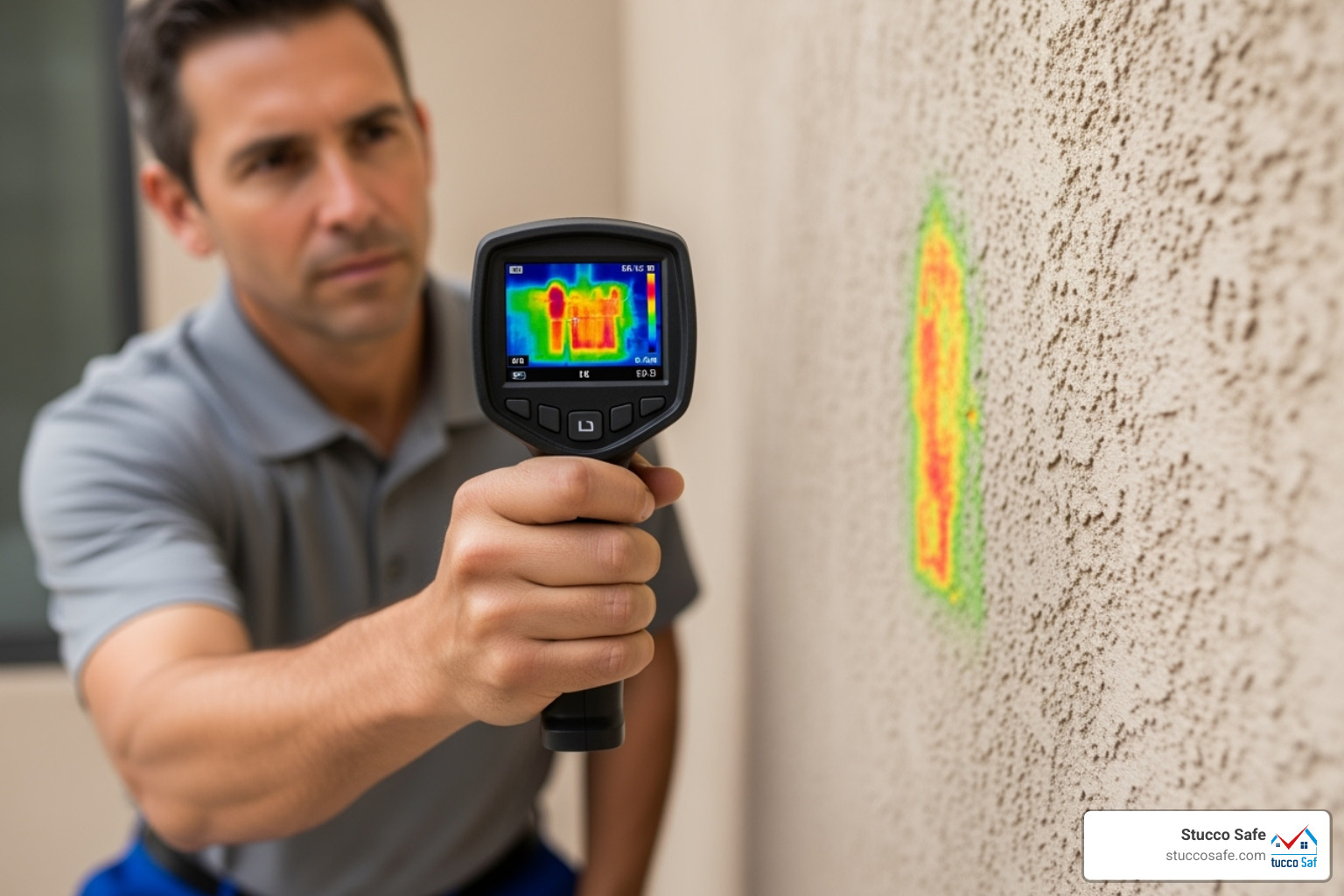 An inspector using an infrared thermal camera on a stucco wall, showing thermal readings on the screen. - certified stucco inspections