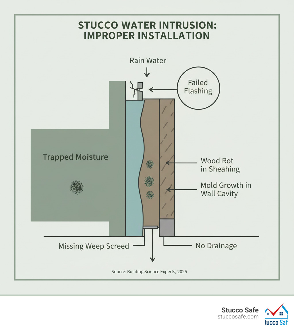 Detailed infographic showing the path of water intrusion in improperly installed stucco systems, including failed flashing, missing weep screeds, trapped moisture behind stucco, wood rot in sheathing, and mold growth in wall cavities - stucco inspection PA infographic Detailed infographic showing the path of water intrusion in improperly installed stucco systems, including failed flashing, missing weep screeds, trapped moisture behind stucco, wood rot in sheathing, and mold growth in wall cavities - stucco inspection PA infographic