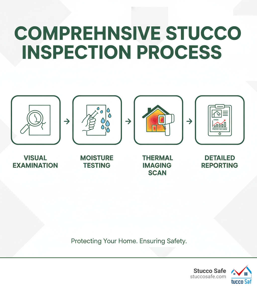 Comprehensive stucco inspection process showing visual examination, moisture testing with probes, thermal imaging scan, and detailed reporting with photos and moisture level readings - stucco inspection Bayonne infographic 