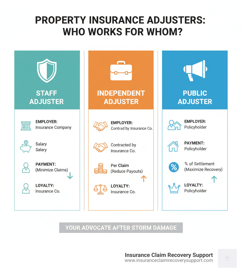 Infographic showing the differences between Staff Adjusters who work directly for insurance companies and are paid salary to minimize claims, Independent Adjusters who are contracted by insurance companies and paid per claim to reduce payouts, and Public Adjusters who work exclusively for policyholders and are paid a percentage of the settlement to maximize recovery - public adjuster for storm damage infographic 