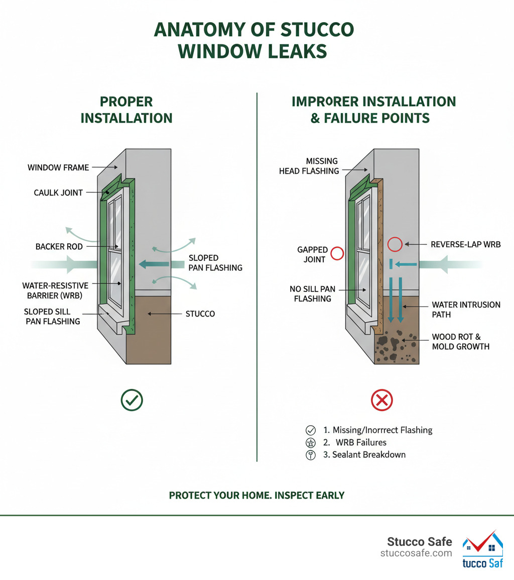 Detailed infographic showing the anatomy of stucco window leaks, including proper vs improper flashing installation, water-resistive barrier placement, and common failure points around window openings - stucco window leaks infographic 