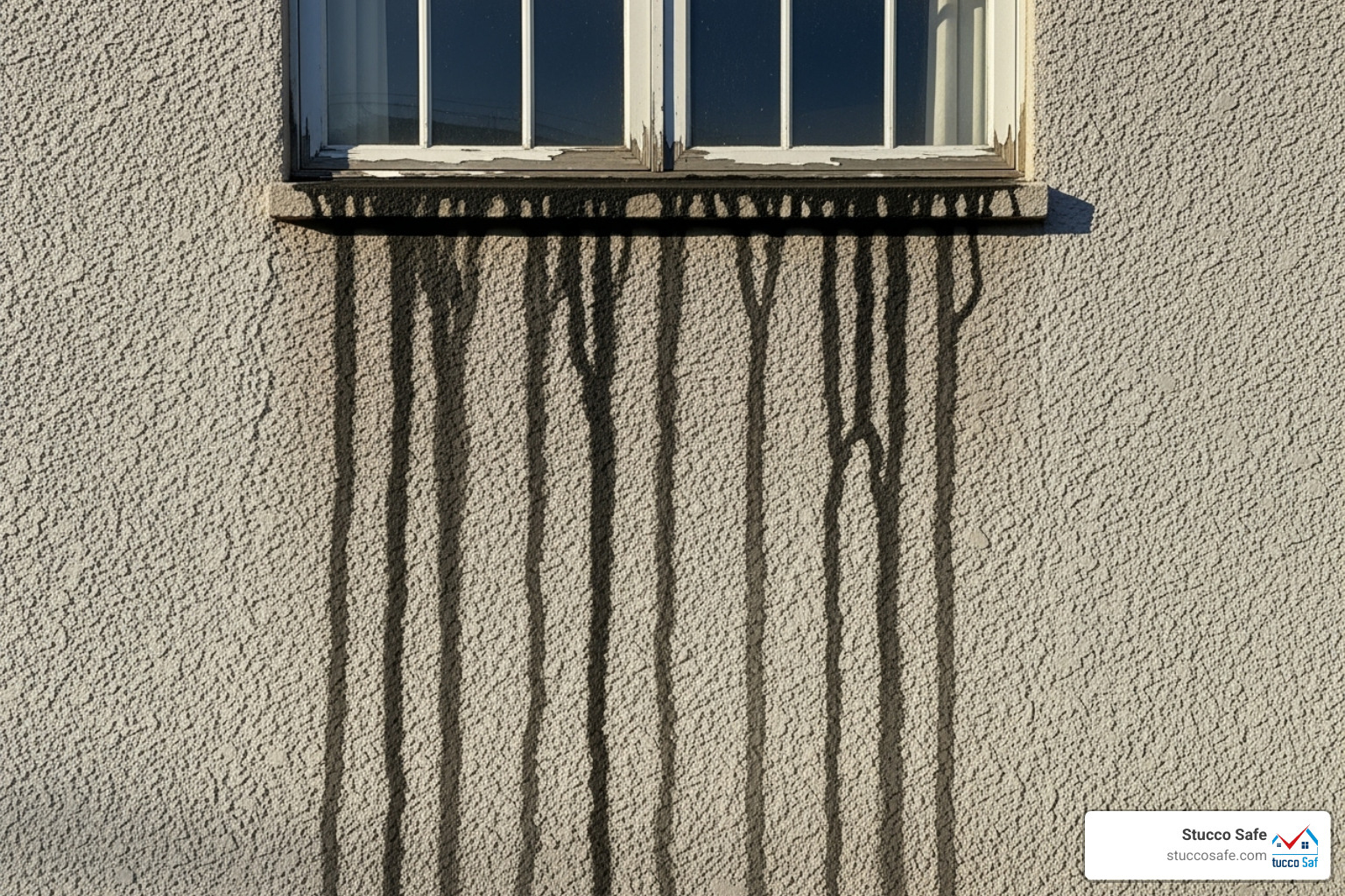 dark vertical stains from window - stucco window leaks
