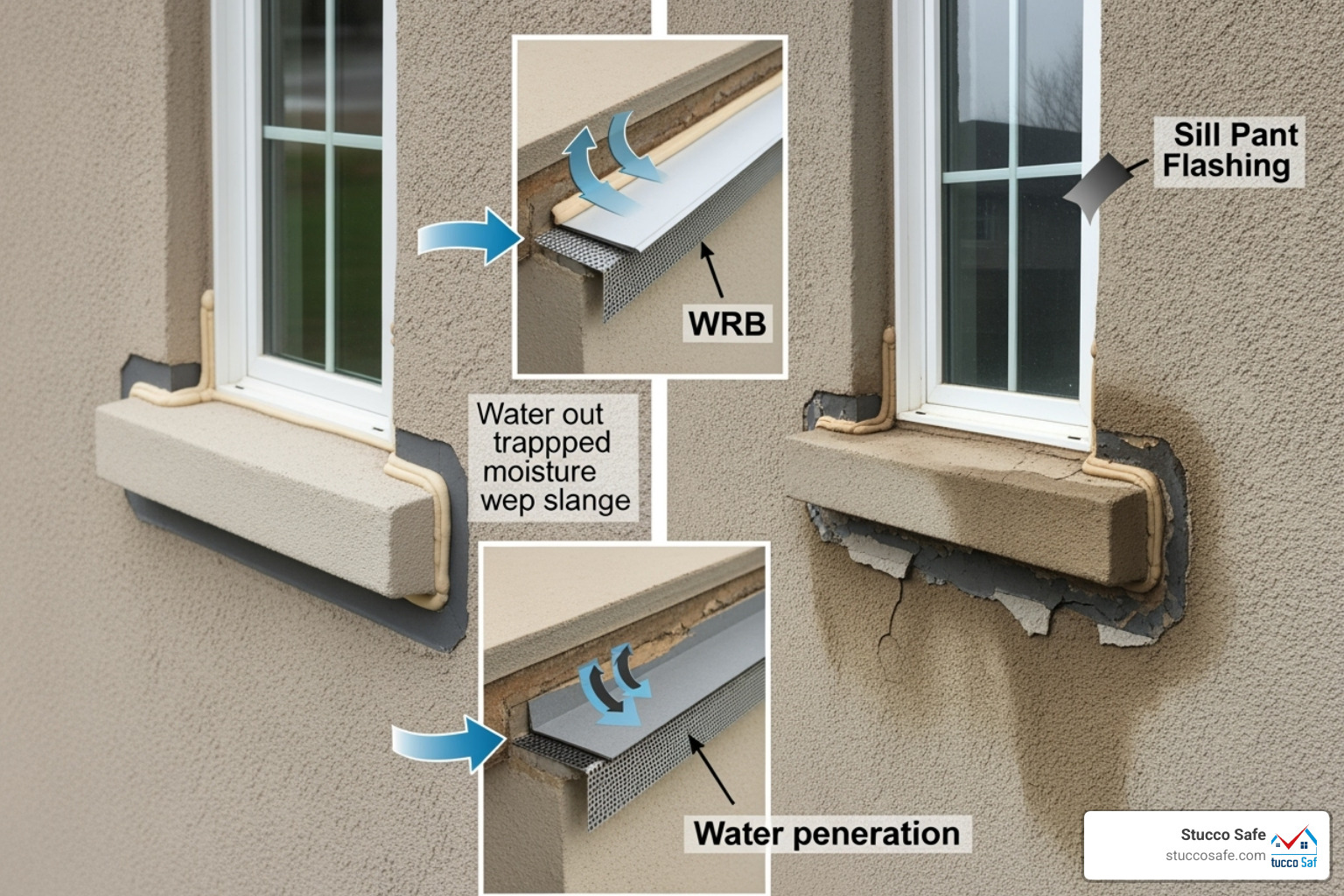 correct vs incorrect flashing - stucco window leaks