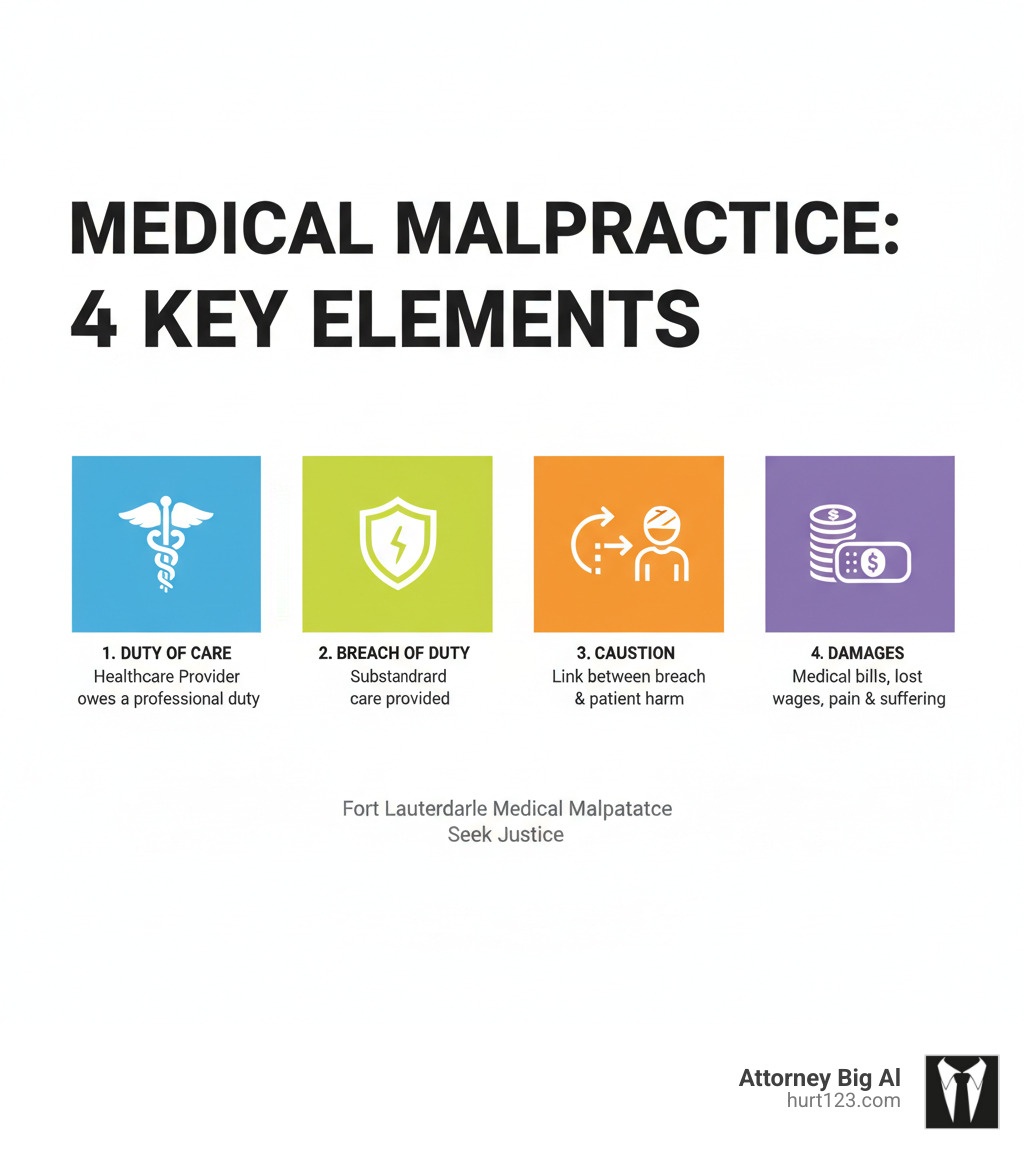 Infographic showing the four elements of medical malpractice: Duty of care owed by healthcare provider, Dereliction or breach of that duty through substandard care, Direct causation linking the breach to patient harm, and Damages including medical bills, lost wages, and pain and suffering - medical malpractice lawyer fort lauderdale infographic 