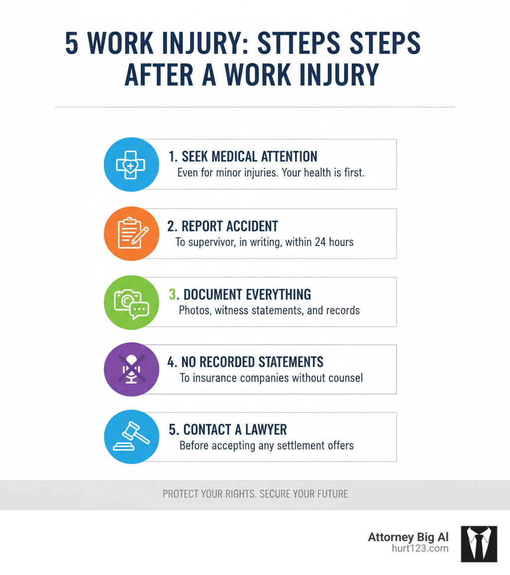 Infographic showing the first 5 critical steps after a work injury: 1) Seek immediate medical attention even for minor injuries, 2) Report the accident to your supervisor in writing within 24 hours, 3) Document everything with photos and witness statements, 4) Do not give recorded statements to insurance companies, 5) Contact a serious work injury lawyer before accepting any settlement offers - Serious work injury lawyer infographic Infographic showing the first 5 critical steps after a work injury: 1) Seek immediate medical attention even for minor injuries, 2) Report the accident to your supervisor in writing within 24 hours, 3) Document everything with photos and witness statements, 4) Do not give recorded statements to insurance companies, 5) Contact a serious work injury lawyer before accepting any settlement offers - Serious work injury lawyer infographic