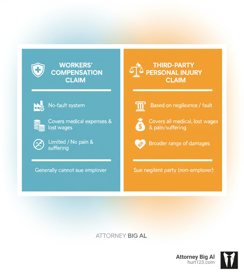TABLE comparing Workers' Compensation and Third-Party Personal Injury Claims - Serious work injury lawyer infographic TABLE comparing Workers' Compensation and Third-Party Personal Injury Claims - Serious work injury lawyer infographic