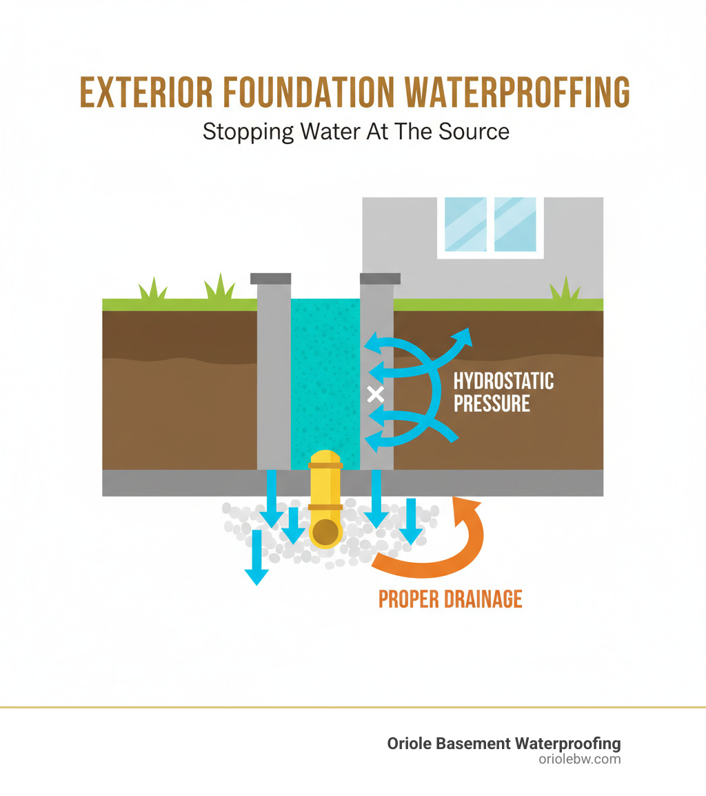 Infographic showing cross-section of home foundation with arrows indicating hydrostatic pressure pushing water against foundation walls, and exterior waterproofing membrane blocking water entry with proper drainage system directing water away - Exterior excavation waterproofing infographic Infographic showing cross-section of home foundation with arrows indicating hydrostatic pressure pushing water against foundation walls, and exterior waterproofing membrane blocking water entry with proper drainage system directing water away - Exterior excavation waterproofing infographic