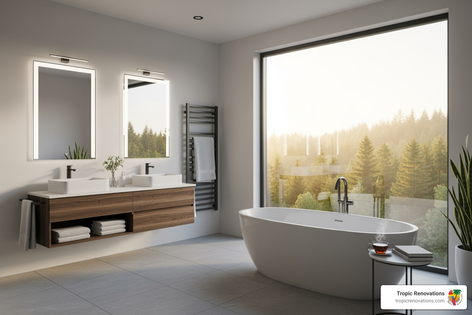 sleek, modern bathroom with a freestanding tub and large window - Sarasota bathroom remodelers?