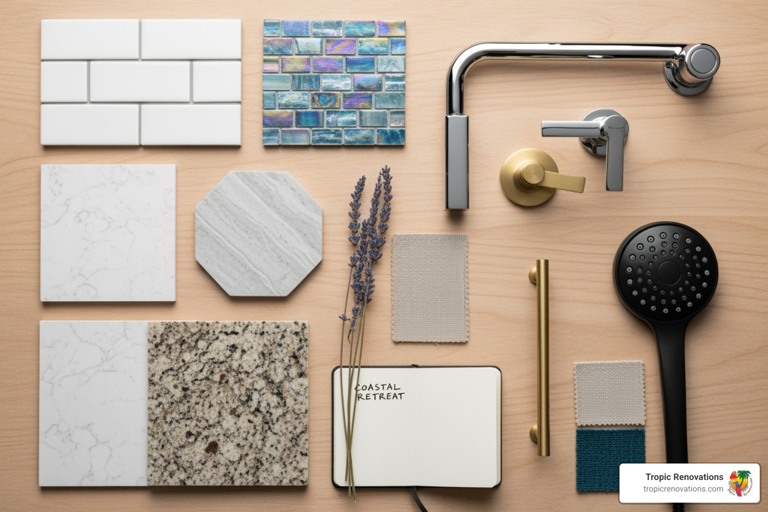 design mood board with tile, countertop, and fixture samples - Sarasota bathroom remodelers?